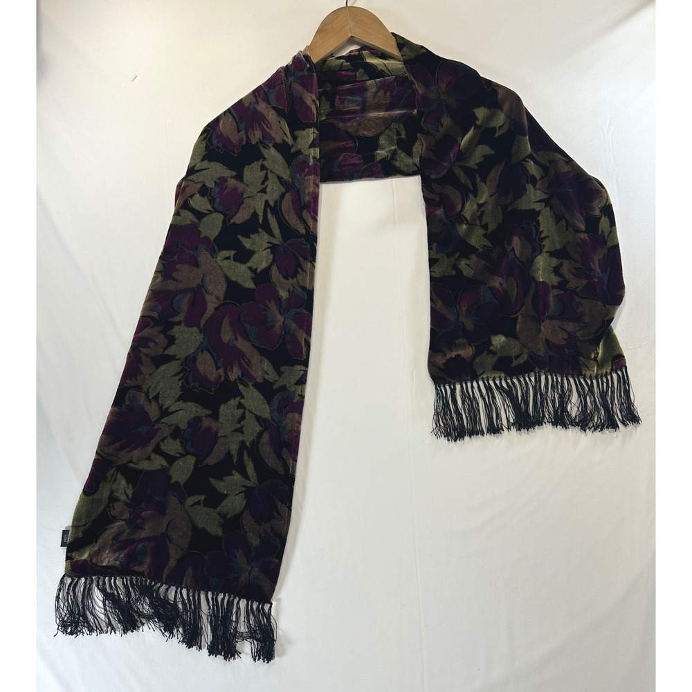 Vintage Whimsigoth Dark Academia Floral Scarf OS Silk Velvet Fringe Purple Green